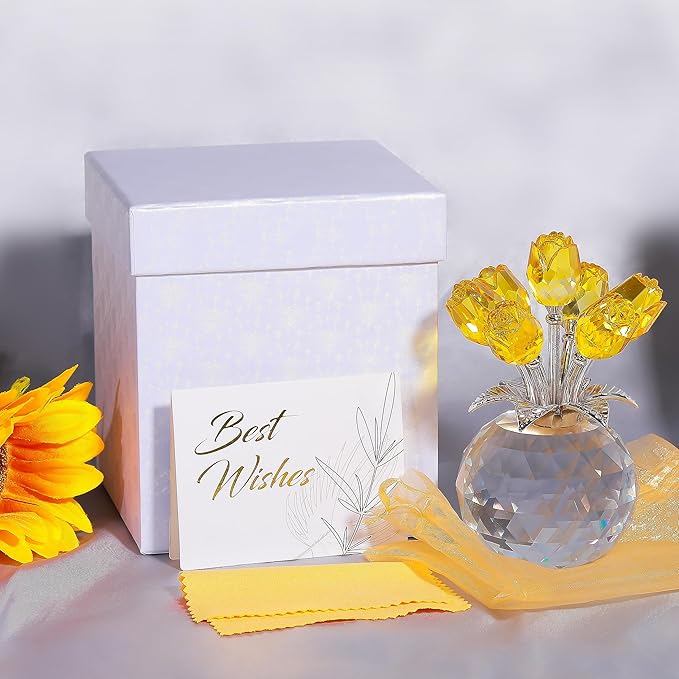 Yellow Rose Flower Crystal Figurine with Vase, Bouquet Flowers Ornament Gifts for Wife Girlfriend Women , Handmade Crystal Flower Collectible Home Table Decor for Valentine's Day Wedding Anniversary