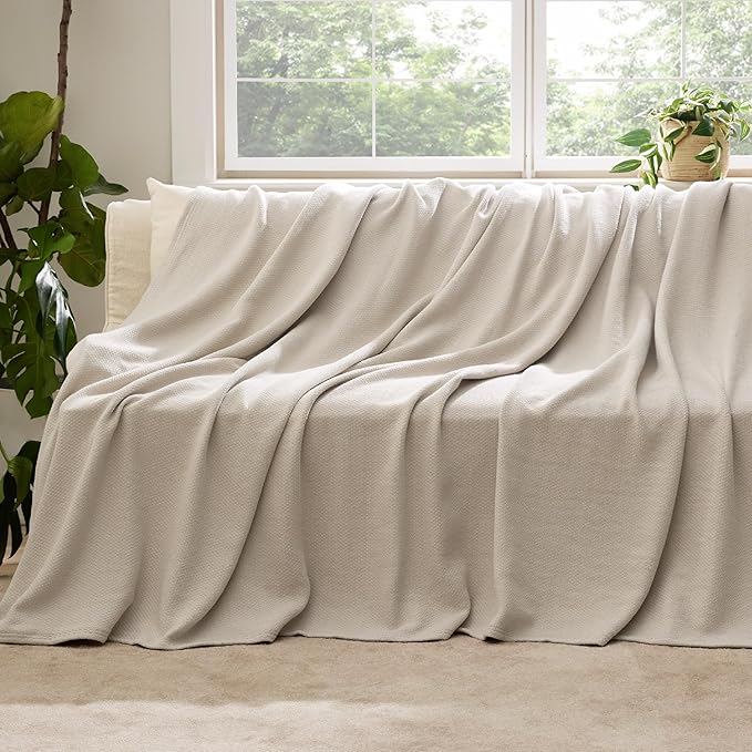 Bedsure 100% Cotton Blanket Twin XL Size for Bed - Breathable and Lightweight, Soft Cozy Textured Herringbone Woven Summer Blanket for College Dorm, Linen Beige, 66x90 inches