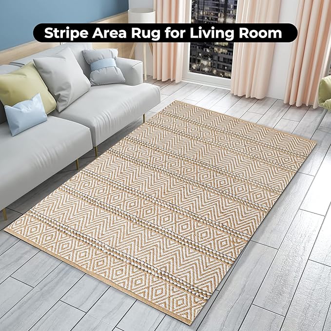 Jute Cotton Stripe Area Rug for Living Room 48x72 Inch - Natural Ivory - Machine Washable 4x6 Feet Rugs - 70% Jute and 30% Cotton