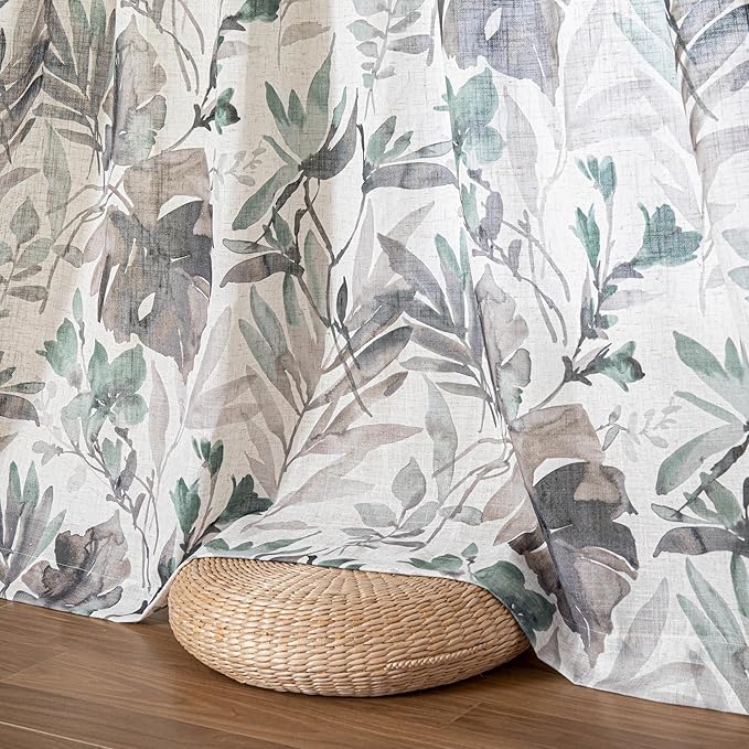 MYSKY HOME Pinch Pleated 95 Inches Floral Curtains for Living Room/Dining Room Burlap Effect Printed Privacy Protect Linen Drapes Window Treatments, 2 Panel, Brown and Natural