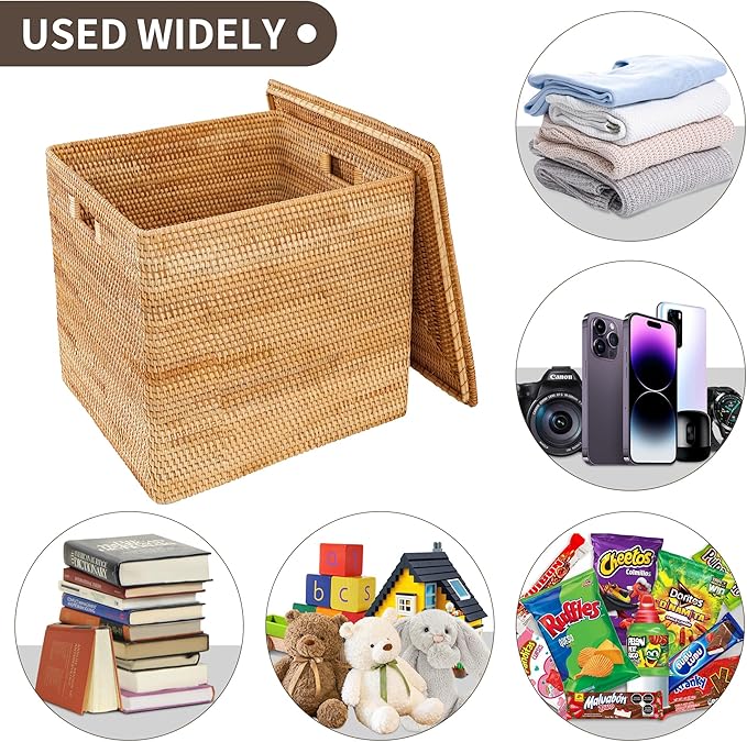 Rattan Basket With Lid,Large Storage Basket Lidded,Rattan Box For Shelf (12.6" L×12.6"W×12.6"H)
