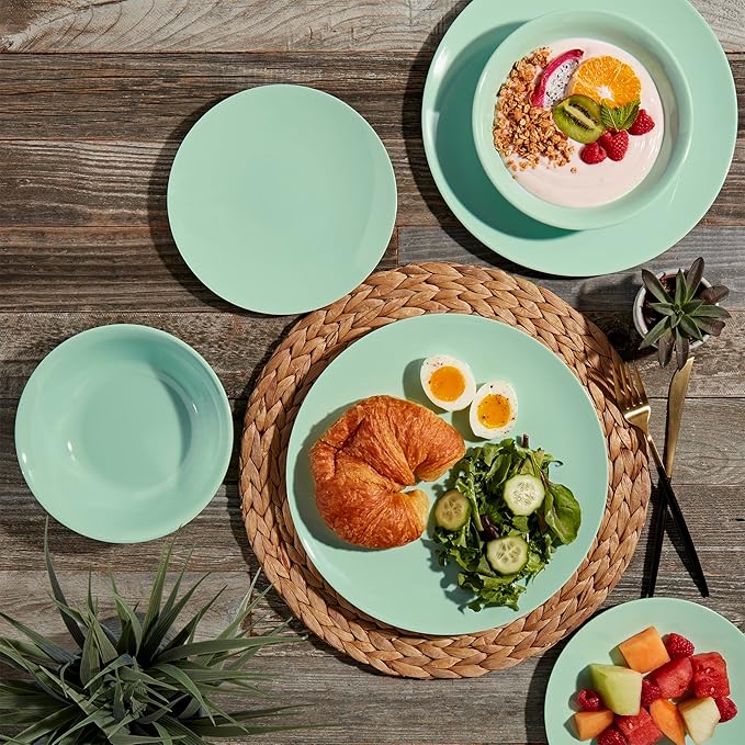 Tabletops Gallery 12 Piece Light Green Melamine Dinnerware Set Plates Bowls for Indoor Outdoor Use, Service for 4, Mint