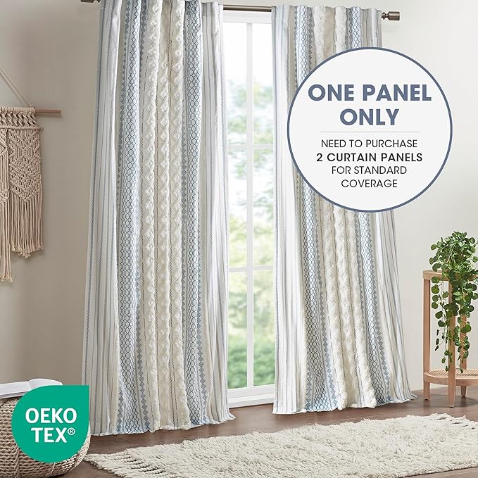 INK+IVY Boho Curtains for Bedroom Single Panel Window Curtains for Living Room, 100% Cotton Tufted Chenille Stripe Modern Farmhouse Curtains Light Filtering Drapes for Bedroom, 50" x 84", Ivory/Navy