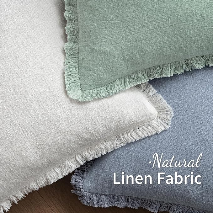 MIULEE Decorative Throw Pillow Covers Neutral Linen Fringe Throw Pillows Set of 2 Aqua Green Boho Farmhouse Cushion Covers with Tassels for Couch Sofa Bed Living Room Spring Home Decor 18x18 Inch