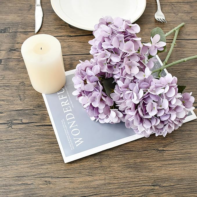 Mandy's 3 Stems Light Purple Artificial Hydrangea Flowers – 13.7” Realistic Silk Bouquet for Centerpieces, Wedding & Home Decor