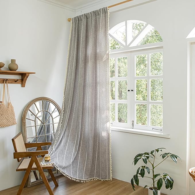 Sutuo Home Boho Curtains for Bedroom Living Room, Semi Blackout Linen Farmhouse Shabby Chic Tassels Window Treatment Bohemian Embroidery Drape, Rod Pocket 1 Panel 52" W x 72" L, Brown