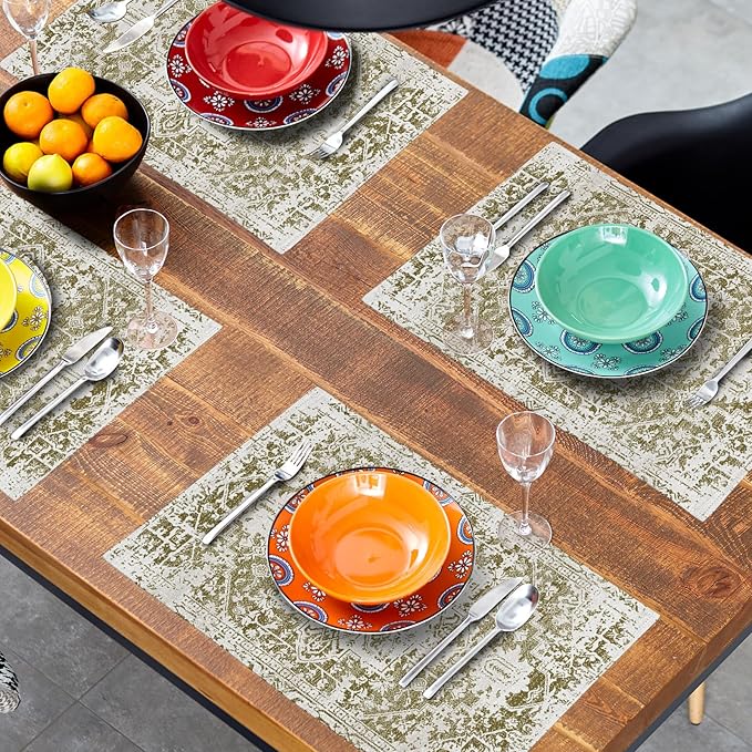 Gray Olive Green Boho Placemats Set of 6 Ethnic Bohemian Carpet Place Mats Washable Kitchen Dining Vintage Grey Geography Floral Linen Table Mats Stain Heat-Resistant for Home Party Indoor 12x18 in