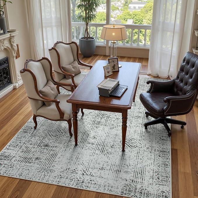 Lahome Mid Century Modern Rug for Office 5x7, Washable Grey Rugs for Living Room, Soft Neutral Dorm Room Rug for Bedroom Aesthetic, Rubber Backed Non-Slip Carpet for Dining Room