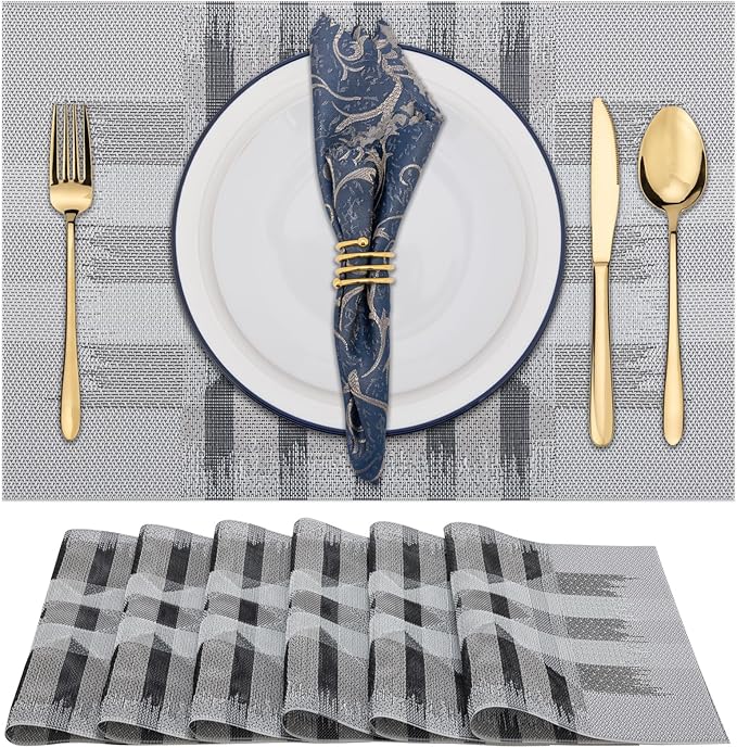 Winknowl Placemats Set of 6, Heat Resistant Stain Resistant Woven Vinyl Insulation Place mats, Durable Washable Elegant Table Mats for Kitchen Dining Table Decor (Geometric Gray)