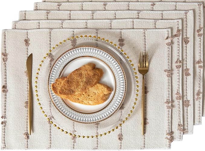 Boho Placemats Set of 4 for Dining Table Decor, Woven Cloth Place Mats for Farmhouse Rustic Kitche Home Decor, Cotton Placemats 13 x 19 Inch, Taupe and Beige Table mats