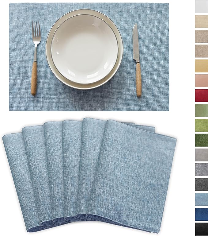 Demetex Blue Placemats Set of 6 Heat Resistant Farmhouse Burlap Placemats Washable Cloth Place Mat Dining Table Plate Mats for Kitchen Table Decor, Blue