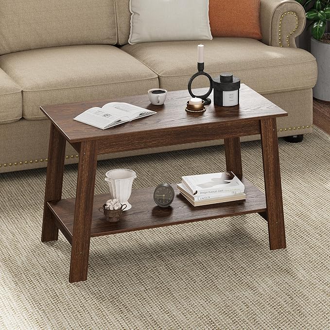 2-Tie Coffee Table, Rustic Wood Living Room Tables with Open Rectangular Storage Compartment, Coffee Tables for Living Room, Outdoors, Home Office, Bedroom, Walnut