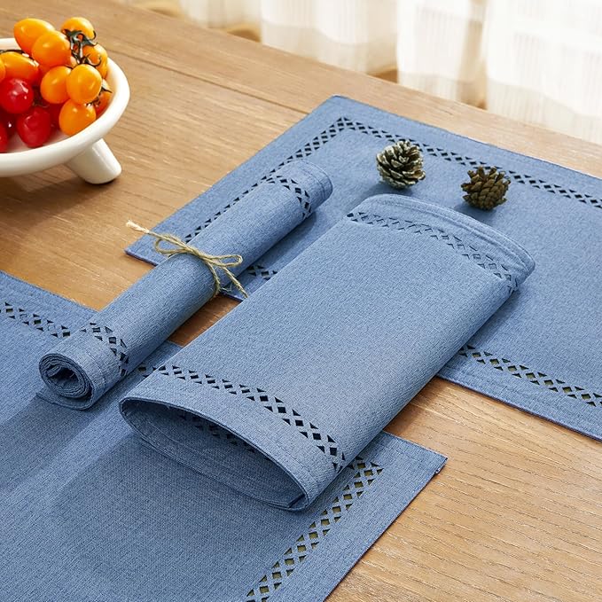 Burlap Placemats Set of 4, 12 x 18 Inch Rustic Geometric Hollow Place Mats, Heat Resistant Placemats for Farmhouse Kitchen Table Decor, Blue 4PCS