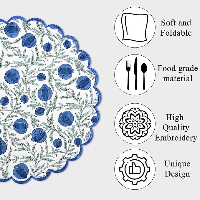 Ridhi Queen Blue Bo-ho Round Place Mat Double Layer Floral Cotton Washable Placemats 15" Round Embroidery Block Print Table Mat Pack of 4-15 Inch Round
