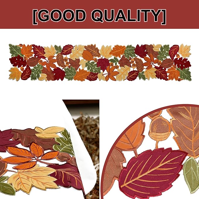 OWENIE Fall Table Runner, Thanksgiving Table Runner 120 Inches Extra Long, Harvest Leaves Home Decor for Autumn Season, Cutwork Embroidered Leaf Decoration for Holiday, 13 x 120 Inches Dresser Scarf