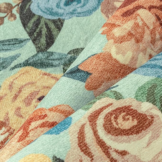 Washable Floral Area Rug 8x10 Green Living Room Large Carpet Bedroom Scalloped Flower Non Slip Soft Throw Rug Farmhouse Low Pile Thin Indoor Floor Cover for Dining Room Office