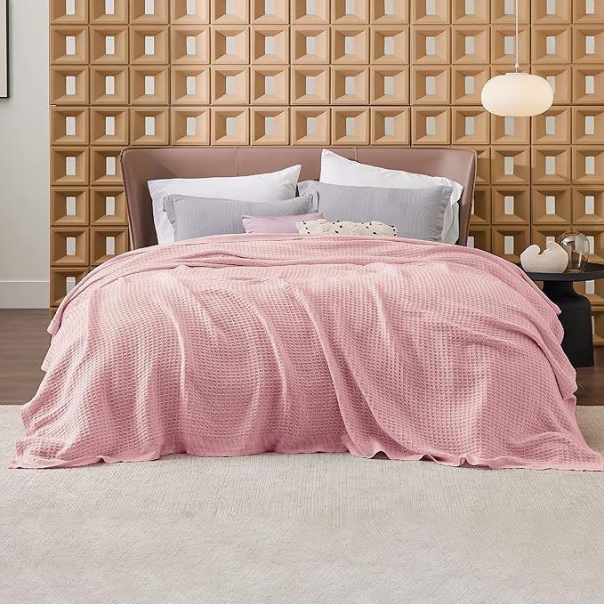 Bedsure 100% Cotton Blanket Queen Size for Bed - Breathable and Soft, Waffle Weave Blanket for Summer Spring, Pink, 90x90 Inches