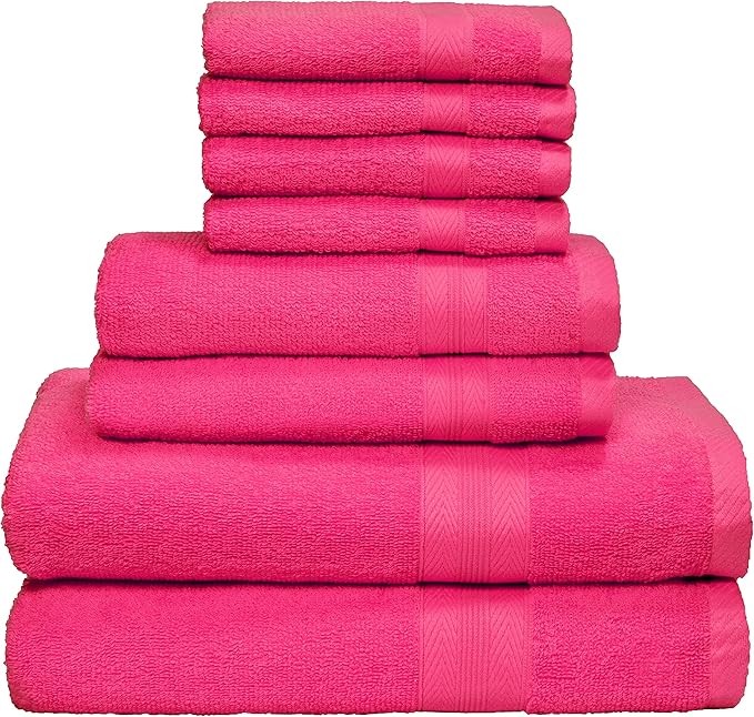 BOUTIQUO 8 Piece Towel Set 100% Ring Spun Cotton, 2 Bath Towels 27X54, 2 Hand Towels 16X28 and 4 Washcloths 13X13 - Ultra Soft Highly Absorbent Machine Washable Hotel Spa Quality - Hot Pink