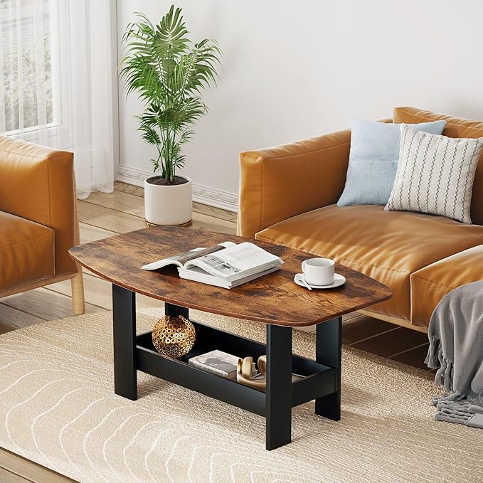 VECELO Coffee Table for Living Room with Storage Compartment Shelf, Rustic Brown