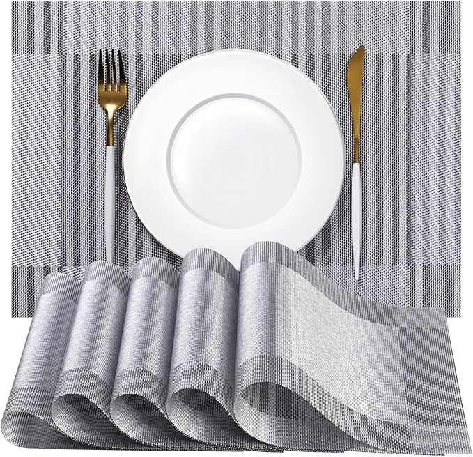 Placemats Set of 6 - Easy Clean Woven Vinyl Placemats for Dining Table, Indoor/Outdoor Place Mats, Washable PVC Table Mats (Silver Cube)