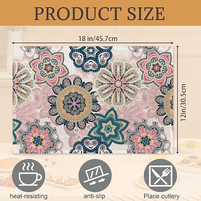 Spring Summer Floral Placemats Set of 6,Washable Heat Resistant 12×18 Inch Linen Table Mats Blooming Flowers Mandala Place Mats for Party Outdoor Dining