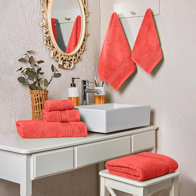 Elegant Comfort Premium Cotton 6-Piece Towel Set, Includes 2 Washcloths, 2 Hand Towels and 2 Bath Towels, 100% Turkish Cotton - Highly Absorbent and Super Soft Towels for Bathroom, Coral