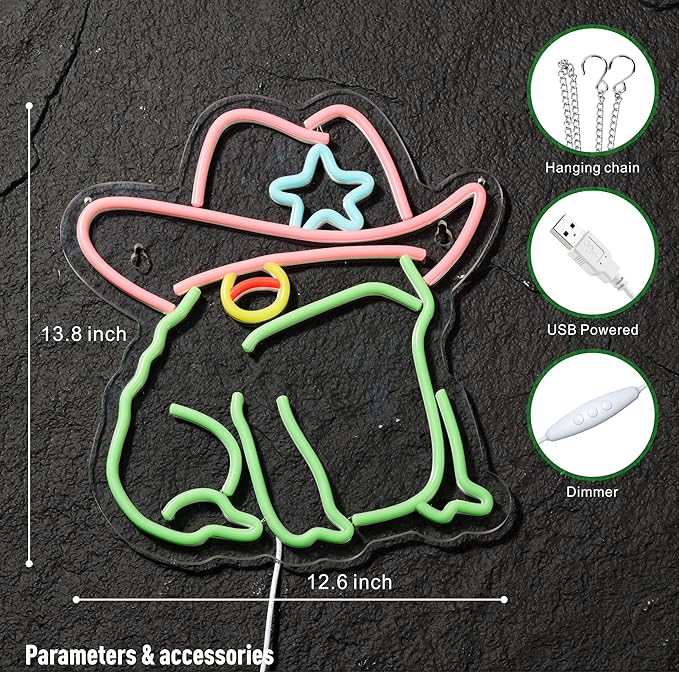 Cowboy Toad Neon Sign Frog Neon Light Cowboy LED USB Powered Dimmable Art Signs for Pub Store Man Cave Room 13.8 X 12.6 inch