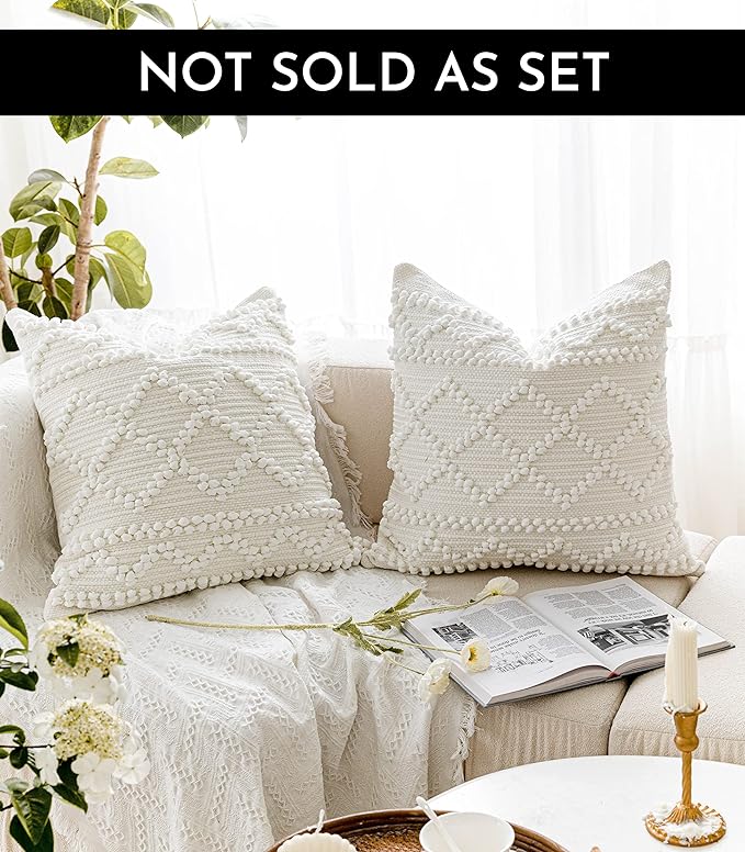 Pure White Decorative Throw Pillow Cover 20X20, Boho Accent Pillow for Couch, Square Modern Farmhouse Pillowcase for Living Room Couch Sofa Cushion Home Décor (Pack of 1)