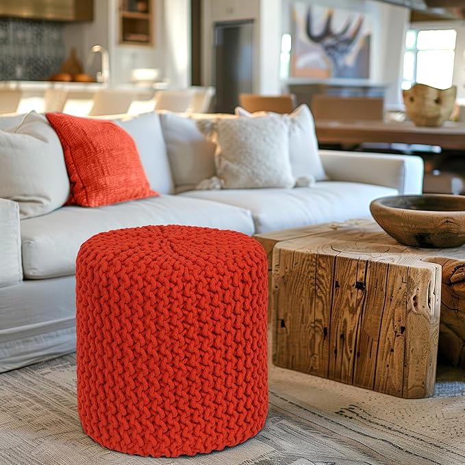 COTTON CRAFT Braided Round Pouf - Hand Knitted Cotton Cord Cable Dori Cylindrical Ottoman - Foot Stool - Floor Pouf - Footrest - Accent Seat - Living Room Bedroom Dorm Décor - 15 Round x 16 H - Orange