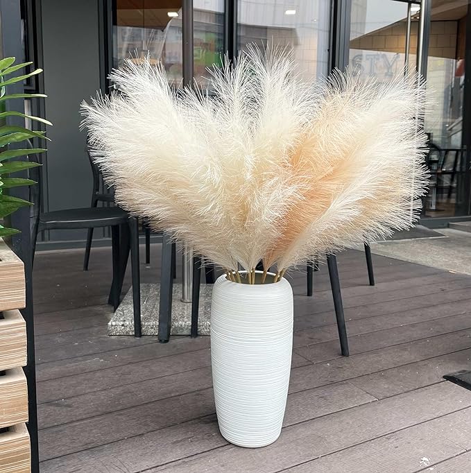 Ouddy Decor 8 Pcs Faux Pampas Grass Decor 38''/97cm Tall Artificial Large Pompous Pompas Floral Fluffy Fake Plants Floor Vase Filler for Wedding Kitchen Home Boho Decorations, Mixed Beige