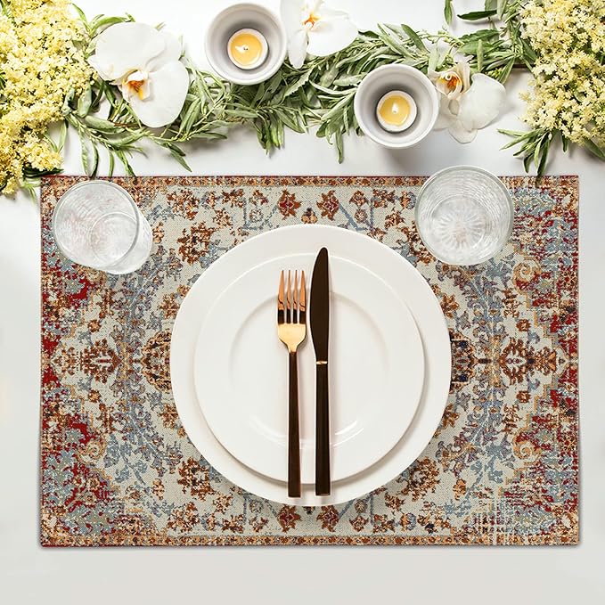 Ethnic Boho Placemats Set of 6 Southwest Brown Blue Carpet Woven Texture Linen Washable Kitchen Dining Table Mats Stain Heat-Resistant Desktop Decor Place Mats for Home Party Indoor 12x18 in