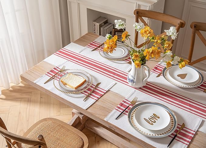 Placemats Set of 4 for Dining Table, Woven Cloth Place Mats for Kitchen Tabletop Décor, Handcrafted Machine Washable Cotton Table mats 13 x 19 Inch, Red and Beige