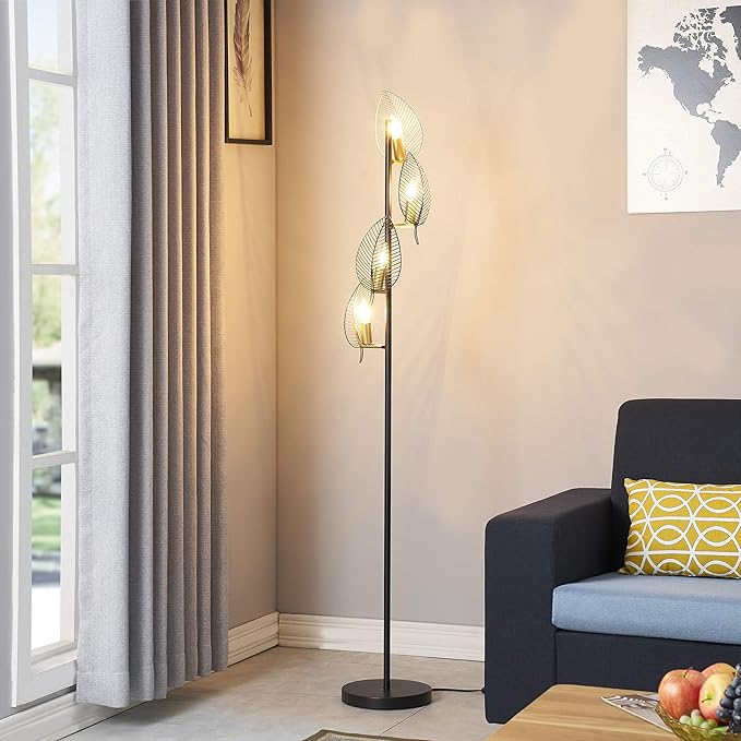 WOXXX Industrial Black Floor Lamp with 4 Brush Gold Finish Leaf Shade, Modern Tree Floor Lamps for Living Room Bedrooms Reading Standing Lamp Living Room Lamps Farmhouse Tall Lamp (4 Bulbs Included)