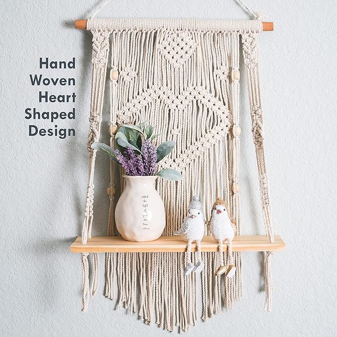 SnugLife Macrame Wall Hanging Shelf - Tier Wall Shelves with Handmade Woven Rope - Boho Shelves Organizer Hanger for Kitchen, Bathroom, Home Storage, Floating Indoor Plant Wall Shelf (1 Tier)