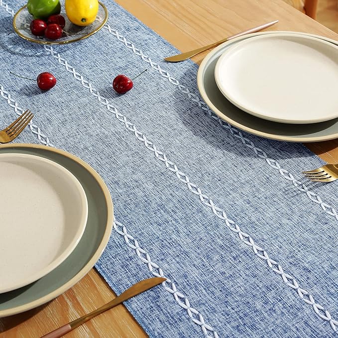 Rustic Farmhouse Style Linen Table Runner, Boho Handmade Tassel Embroidery Table Runners 48 Inches Long for Holiday Party, Dresser and Dining Decorations, 13 x 48 inch - Blue