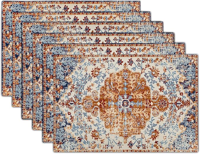 Ethnic Boho Placemats Set of 6 Bohemian Carpet Vintage Orange Grey Floral Linen Washable Kitchen Dining Table Mats Stain Heat-Resistant Desktop Decor Place Mats for Home Party Indoor 12x18 in