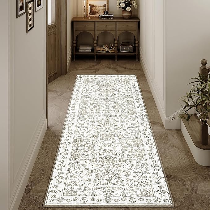 Floral Runner Rug 2x6 Hallway Washable Taupe Kitchen Carpet Non Slip Boho Thin Farmhouse Throw Accent Long Rug for Laundry Bathroom Office Bedroom