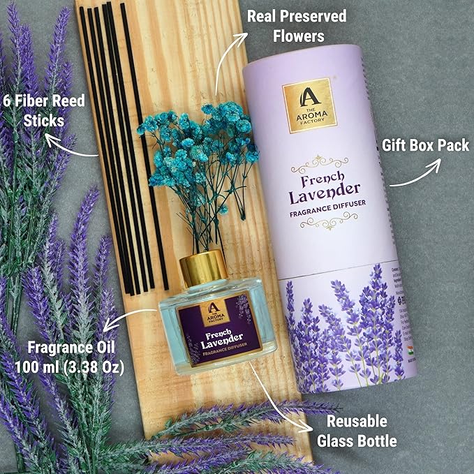The Aroma Factory Fragrance Reed Diffuser Set with Natural Essential Oil, Aroma Sticks & Real Preserved Flowers | Luxury Home Decor Scent (French Lavender, 1 Pack)