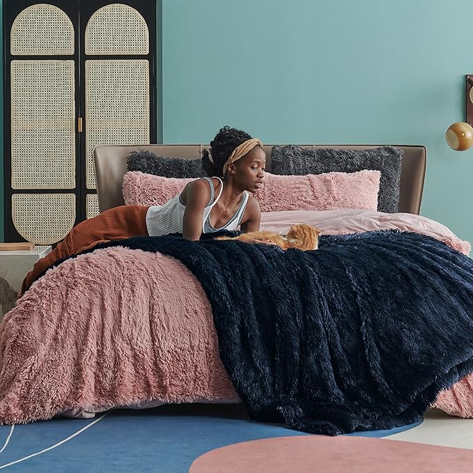 Bedsure Fluffy Navy Blue Throw Blanket Gifts for Women, Men, Soft Fleece Cozy Fuzzy Sherpa Plush Warm Minky Thick Faux Fur Throws for Couch, Navy Blue Decor House Blanket Gifts for Her, 50x60