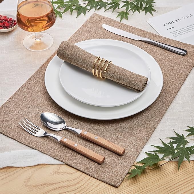 Mebakuk Cloth Placemats, Machine Washable Linen Style Thick Place Mats, Heat Resistant and Easy to Clean Fabric Table Mats for Kitchen Dining Table (Flaxen, Set of 6)
