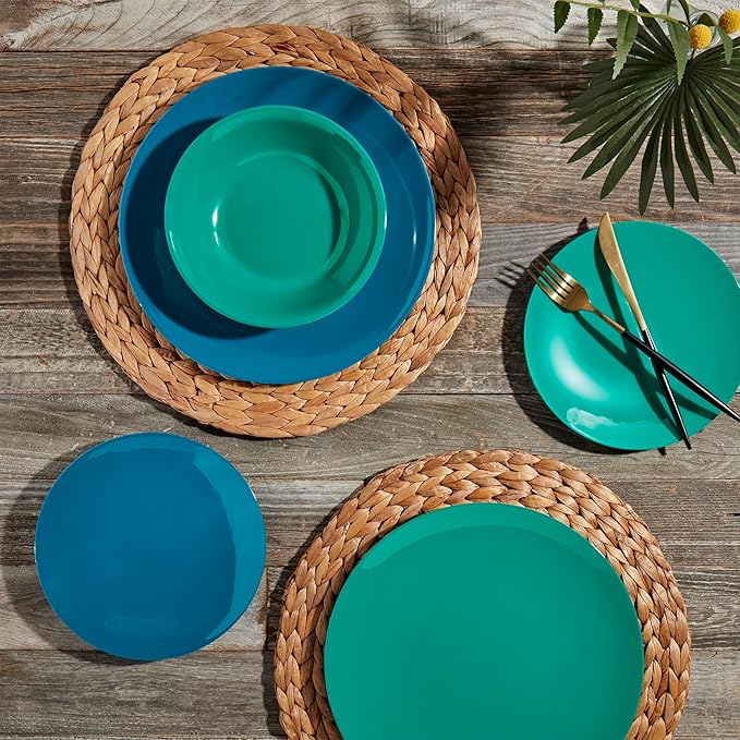 Tabletops Gallery 12 Piece Green Blue Melamine Dinnerware Set Plates Bowls for Indoor Outdoor Use, Service for 4, Tropical