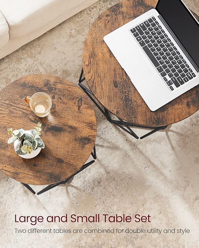 VASAGLE Small Coffee Table Set of 2, Round Coffee Table with Steel Frame, Side End Table for Living Room, Bedroom, Office, Rustic Brown and Ink Black
