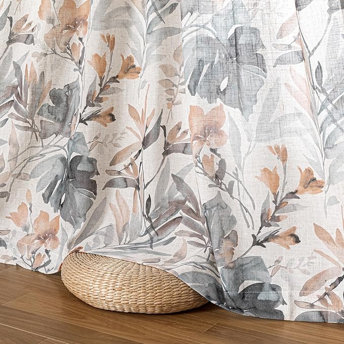 MYSKY HOME Two Pages Pinch Pleated 95 Inches Linen Orange Curtains for Living Room/Dining Room Burlap Effect Floral Printed Privacy Protect Drapes Window Treatments, 2 Panel, Coral and Natural