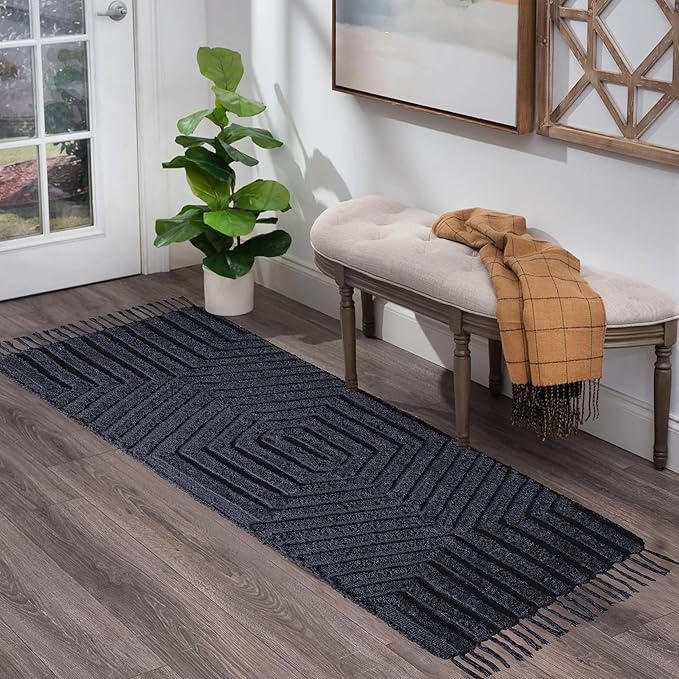 Boho Runner Rug 2x6' Washable Kitchen Rugs with Tassels Indoor Farmhouse Rugs for Bedroom Aesthetic Tufted Rug for Laundry Room Doorway Living Room_Dark Grey