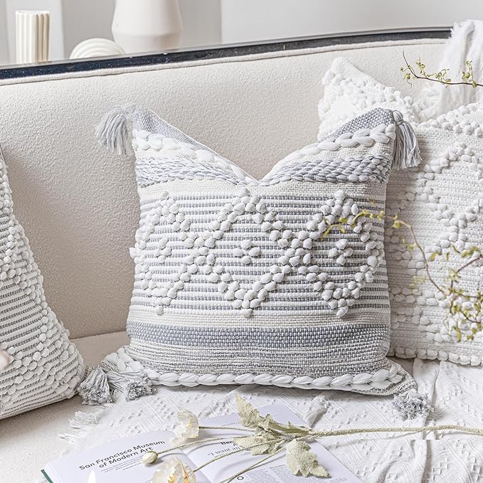 Gray Cream White Boho Throw Pillow Cover 20X20, Boho Woven Textured Pillow Cover, Neutral Pillow Cover, Sofa Couch Bed Farmhouse Lumbar Pillow (Cover ONLY)