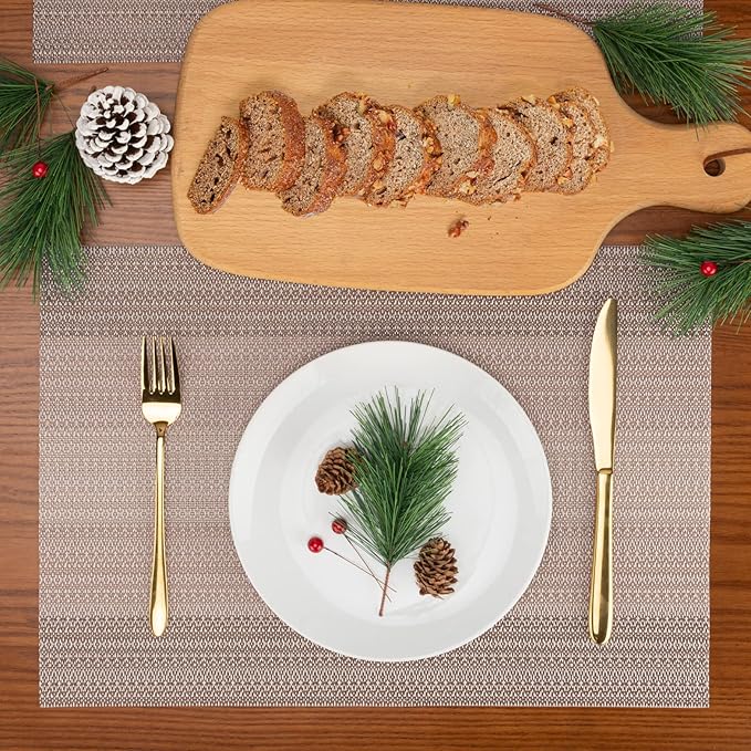 Winknowl Placemats, Set of 8 Heat Resistant Stain Resistant Woven Vinyl Insulation Placemats, Durable Washable Elegant Table Mats for Dining (Pink Gold)