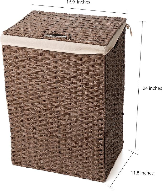 Synthetic Wicker Laundry Hamper Basket with Lid and Liner (Brown)