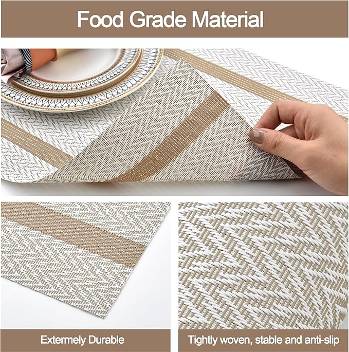 Beige White Placemats Set of 4 - Easy Clean Modern Washable Plastic Place Mats - Heat Resistant Placemats for Kitchen Table - PVC Table Mats for Dining Table(Beige White with Stripes, 4)