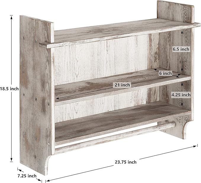 MyGift 3 Tier Wall Mounted Shabby White Washed Solid Wood Bathroom Storage Shelves, Wooden Floating Shelf Toilet Paper Holder Rack with 23 Inch Wide Towel Hanging Bar