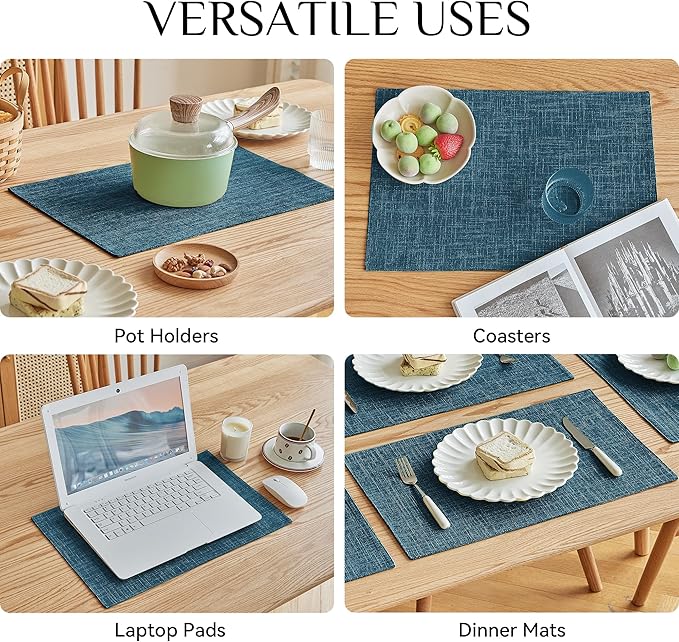 Softalker Faux Linen Placemats Set of 12-12 x 18 Inch, Heat Resistant Double Layered Durable Burlap Farmhouse Place Mats, Non-Slip Washable Rustic Table Mats for Dining, Kitchen, Party(Navy Blue